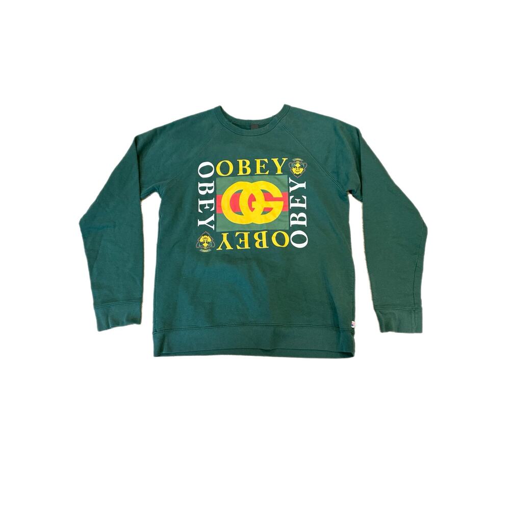 Vintage OBEY Men’s Crewneck Sweatshirt L Green Graphic Logo Streetwear Pullover